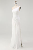 Load image into Gallery viewer, Ivory Chiffon Ruched One Shoulder Maxi Rehearsal Dinner Dress with Slit