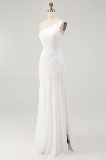 Ivory Chiffon Ruched One Shoulder Maxi Rehearsal Dinner Dress with Slit