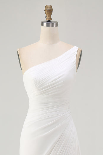 Ivory Chiffon Ruched One Shoulder Maxi Rehearsal Dinner Dress with Slit