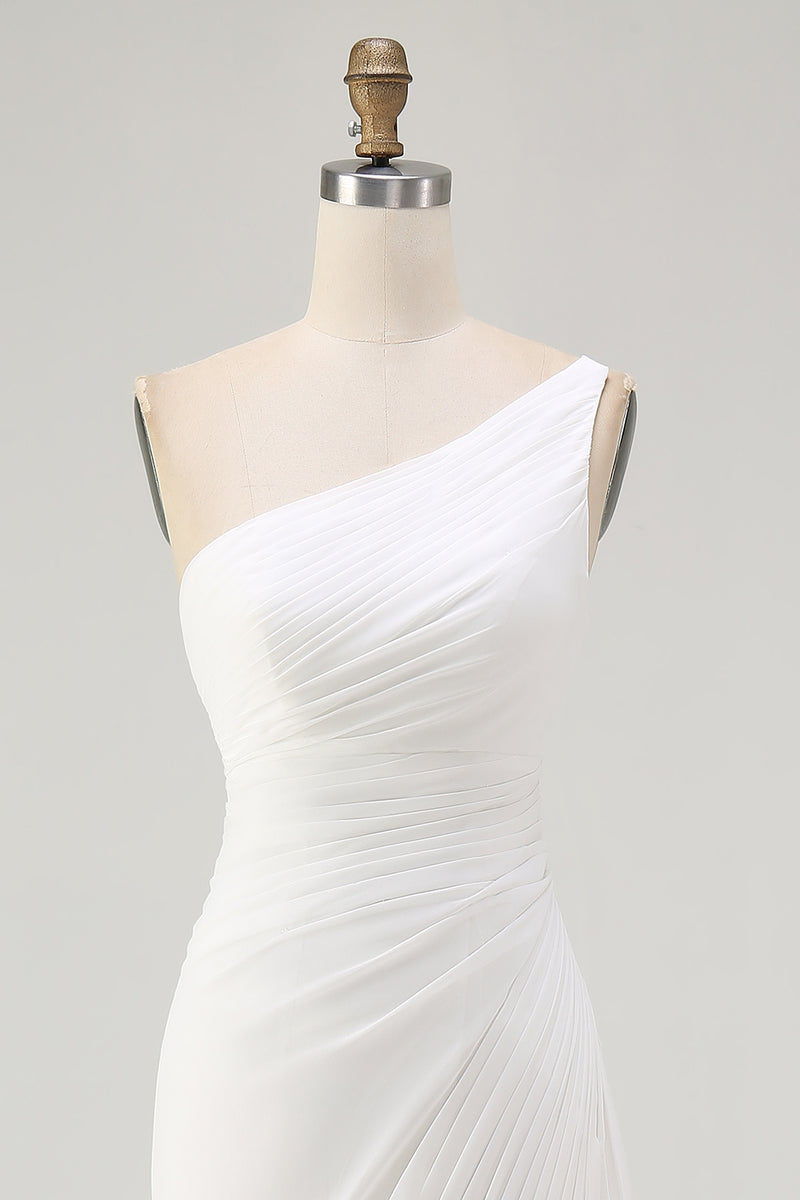 Load image into Gallery viewer, Ivory Chiffon Ruched One Shoulder Maxi Rehearsal Dinner Dress with Slit