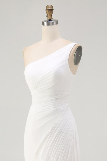 Ivory Chiffon Ruched One Shoulder Maxi Rehearsal Dinner Dress with Slit