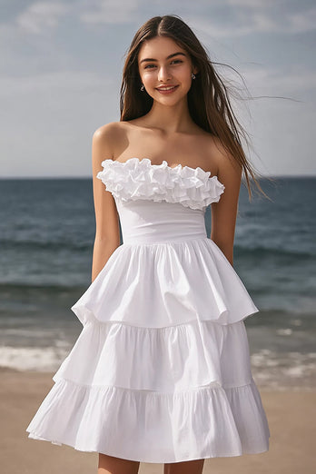 Ivory Tiered Strapless Mini Bachelorette Dress with Ruffles