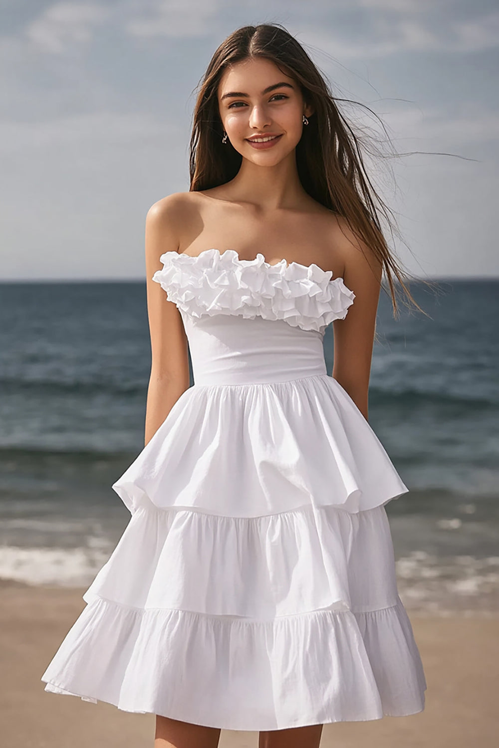 Ivory Tiered Strapless Mini Bachelorette Dress with Ruffles