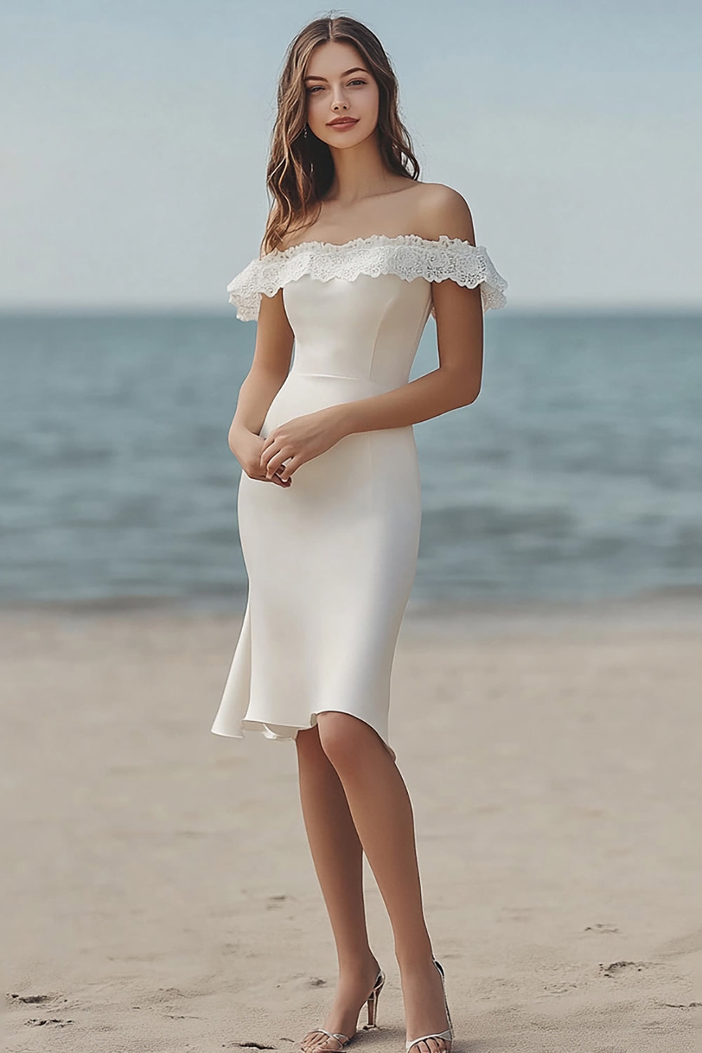 Ivory Bodycon Satin Midi Bridal Shower Dress with Lace