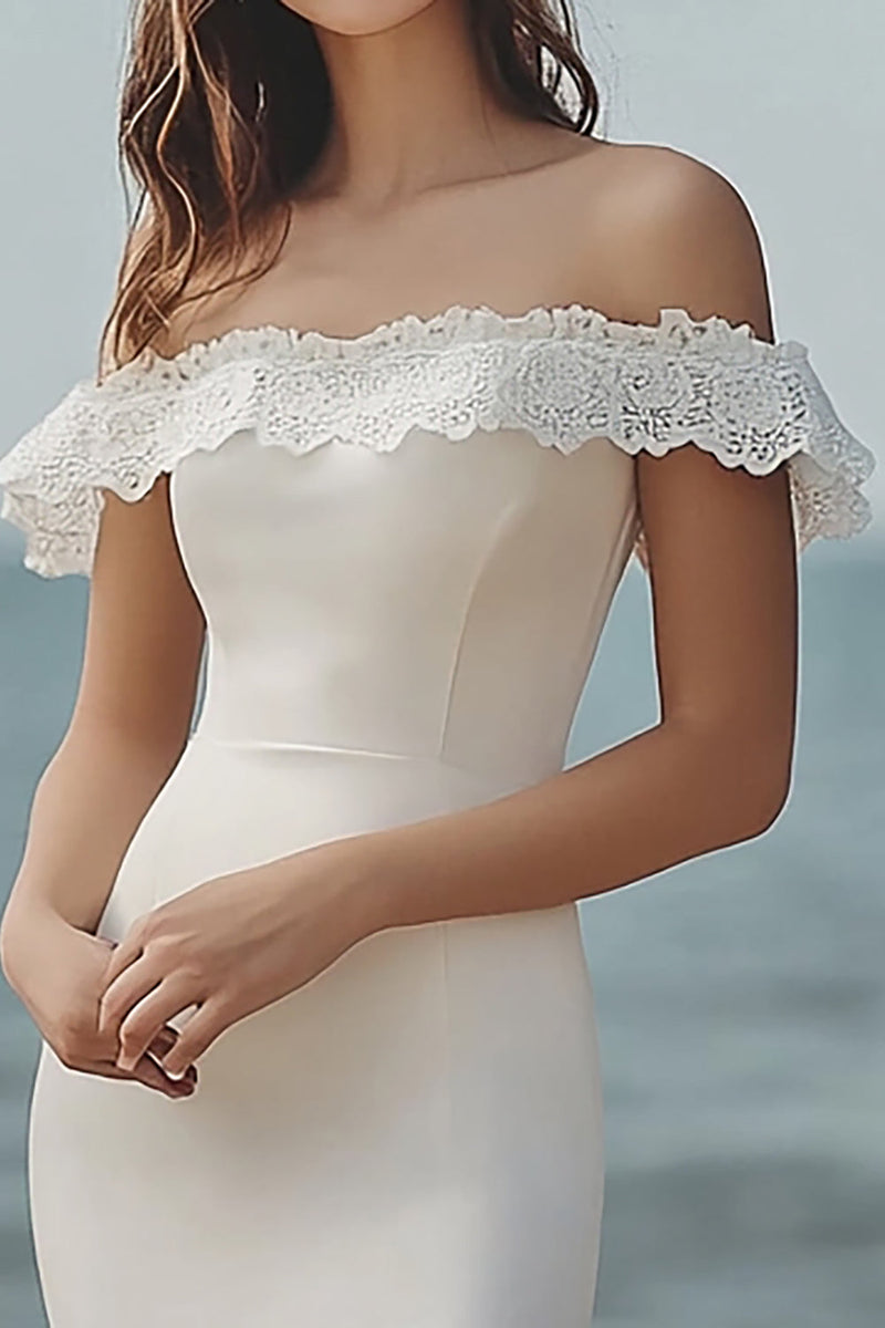 Load image into Gallery viewer, Ivory Bodycon Satin Midi Bridal Shower Dress with Lace