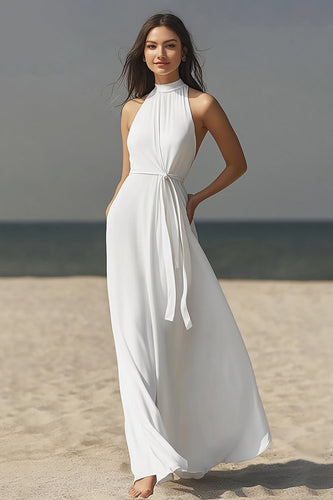 Ivory High-Neck Chiffon Maxi Rehearsal Dinner Dress with Sash