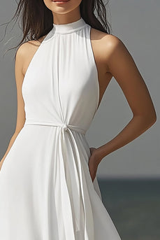 Ivory High-Neck Chiffon Maxi Rehearsal Dinner Dress with Sash