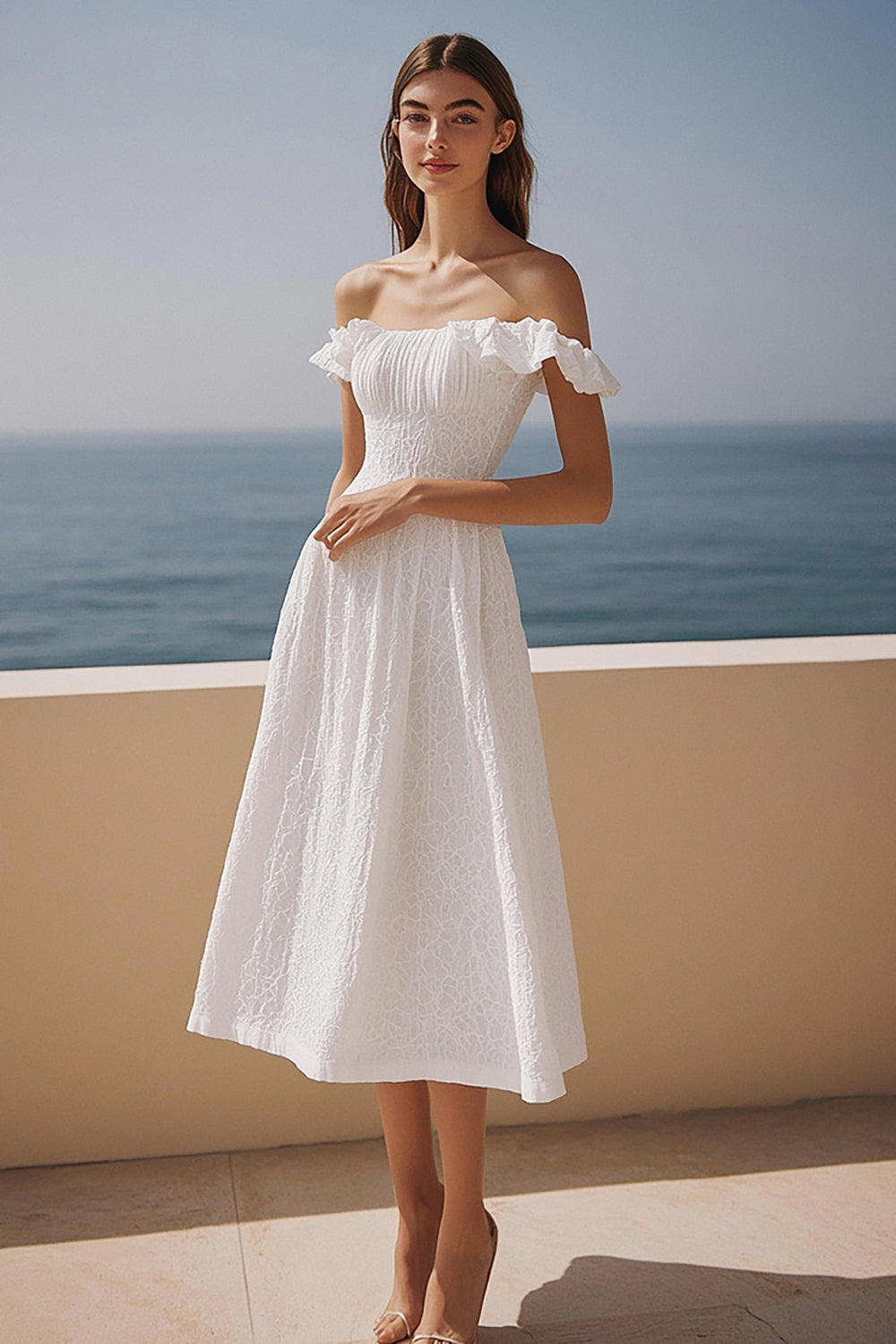 Ivory Lace Off the Shoulder Maxi Wedding Reception Dress with Ruffles