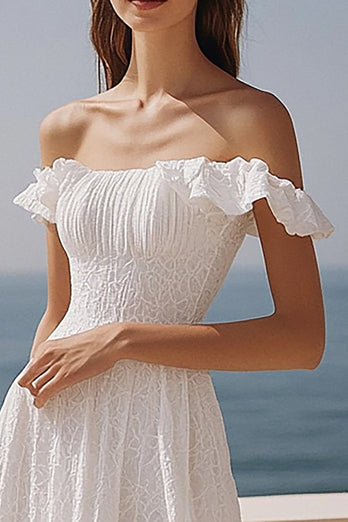 Ivory Lace Off the Shoulder Maxi Wedding Reception Dress with Ruffles
