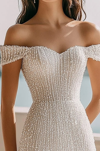 Sparkly Ivory Off the Shoulder Bodycon Sequin Mini Bridal Shower Dress