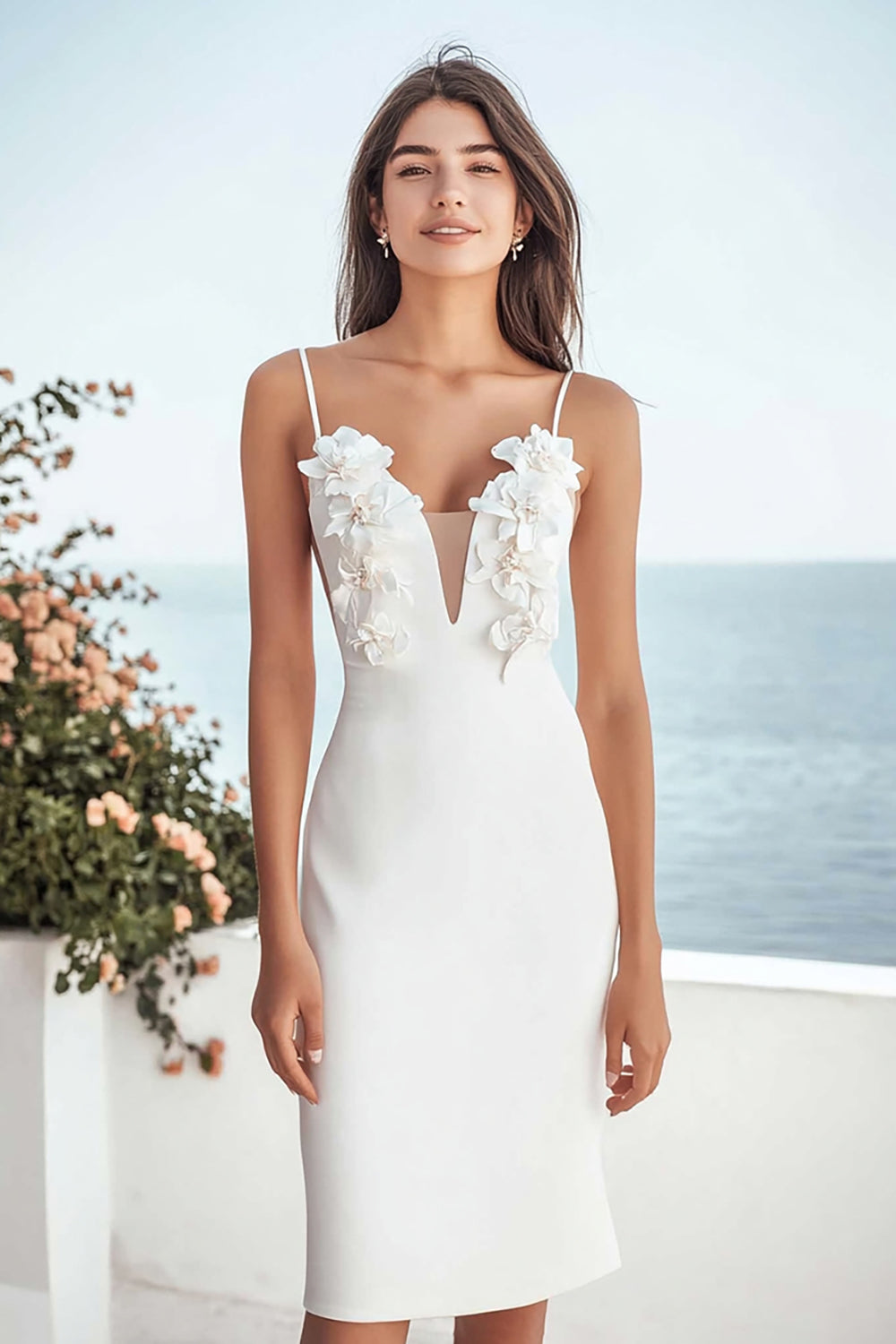 Ivory Satin Bodycon Floral Midi Bridal Shower Dress