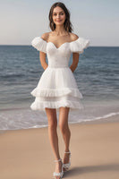 Load image into Gallery viewer, Lace Tiered Ivory Mini Bachelorette Dress with Ruffles