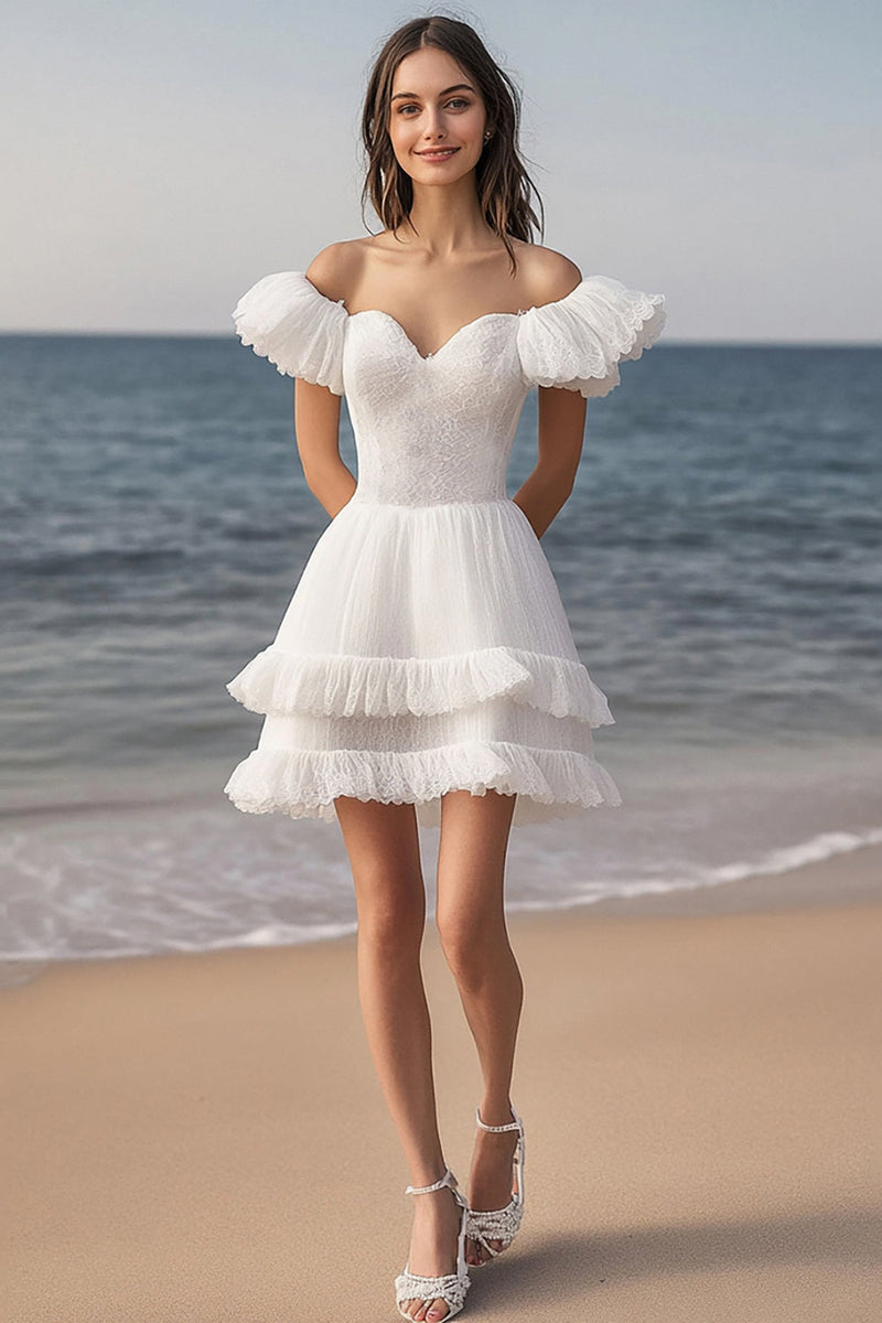Load image into Gallery viewer, Lace Tiered Ivory Mini Bachelorette Dress with Ruffles