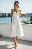 Load image into Gallery viewer, Simple Satin Spaghetti Straps A Line Ivory Midi Bridal Shower Dress
