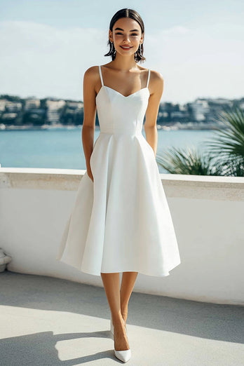 Simple Satin Spaghetti Straps A Line Ivory Midi Bridal Shower Dress