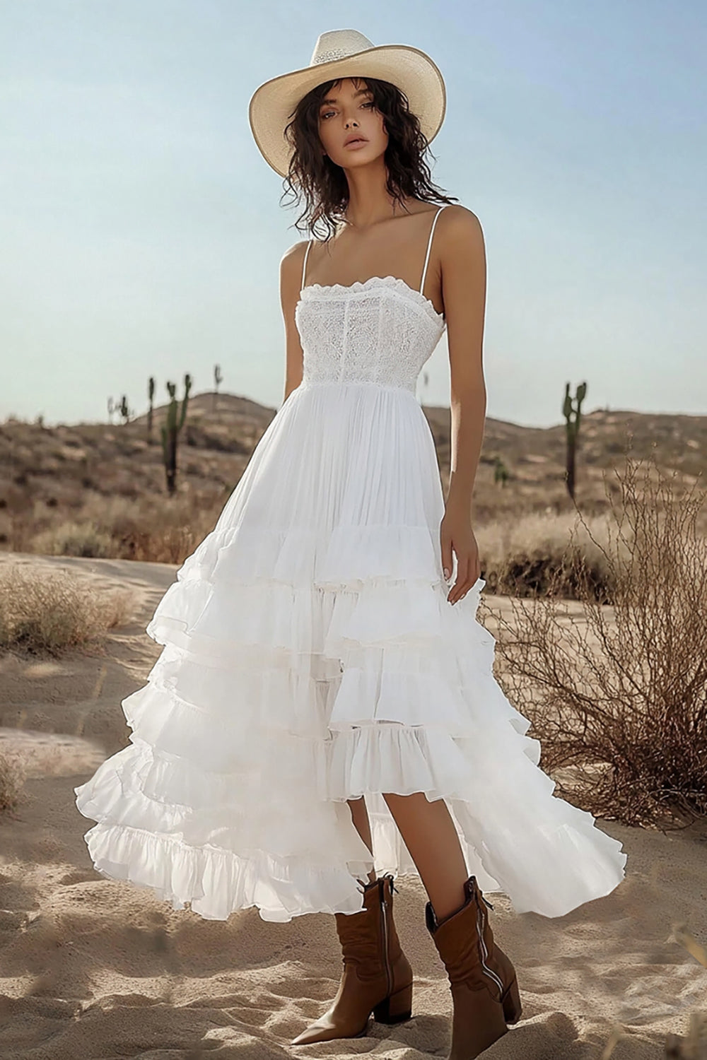 Ivory Tiered Boho Maxi Western Corset Wedding Dress with Lace