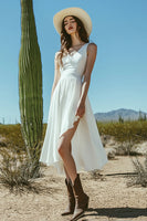 Load image into Gallery viewer, Ivory A Line Asymmetrical Midi Boho Western Wedding Dress with Slit
