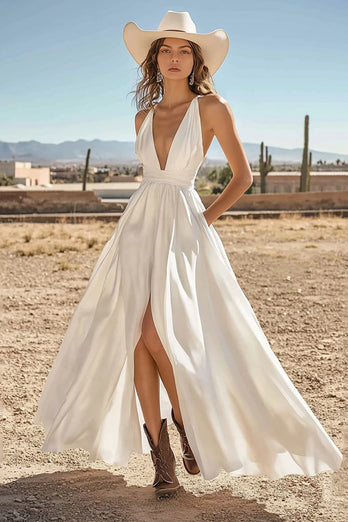 Satin Ivory Maxi Boho Western Wedding Dress with Pockets
