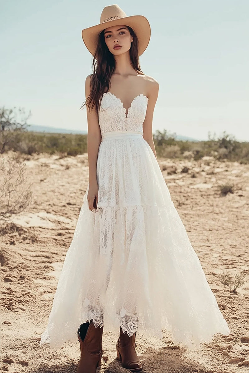 Load image into Gallery viewer, Ivory Sweetheart Lace A Line Maxi Boho Western Wedding Dress