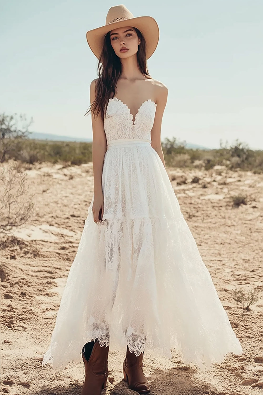 Ivory Sweetheart Lace A Line Maxi Boho Western Wedding Dress