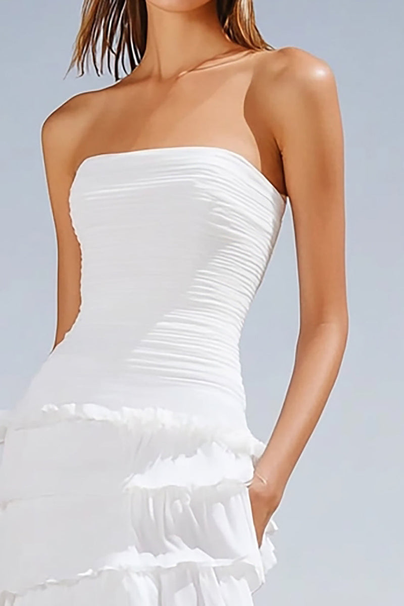 Load image into Gallery viewer, Ivory Strapless Asymmetrical Boho Western Wedding Dress with Ruffles