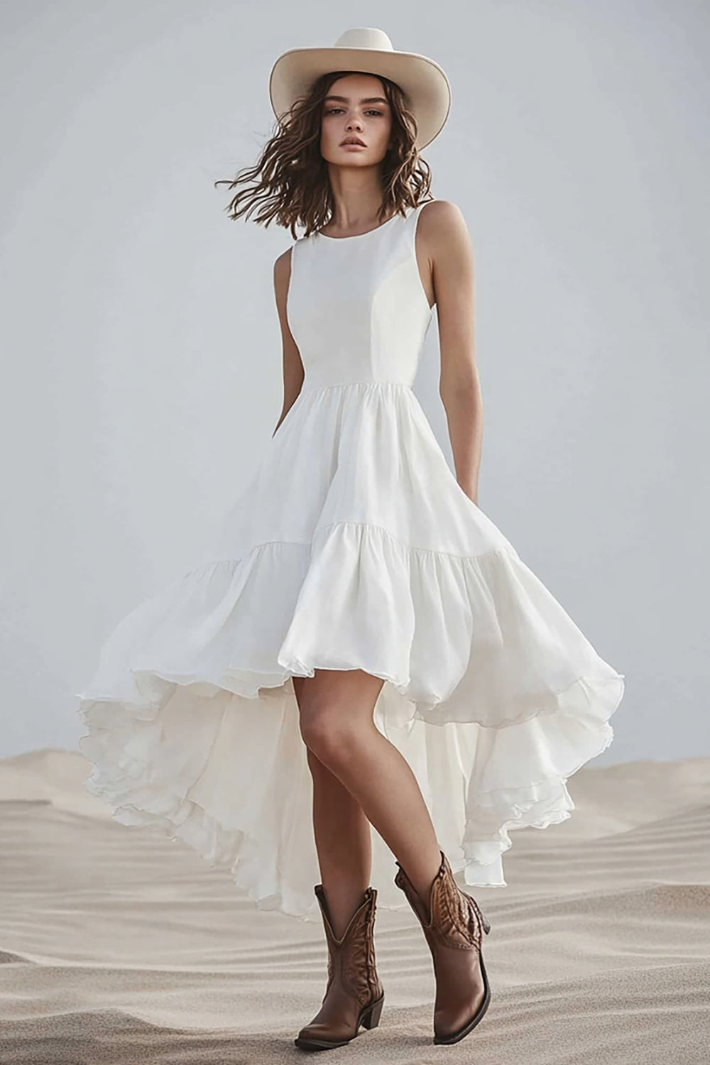 Ivory High-Low A Line Boho Western Wedding Dress