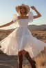 Load image into Gallery viewer, Square Neck Ivory Midi Boho Western Wedding Dress with Ruffles
