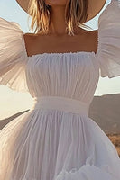 Load image into Gallery viewer, Square Neck Ivory Midi Boho Western Wedding Dress with Ruffles