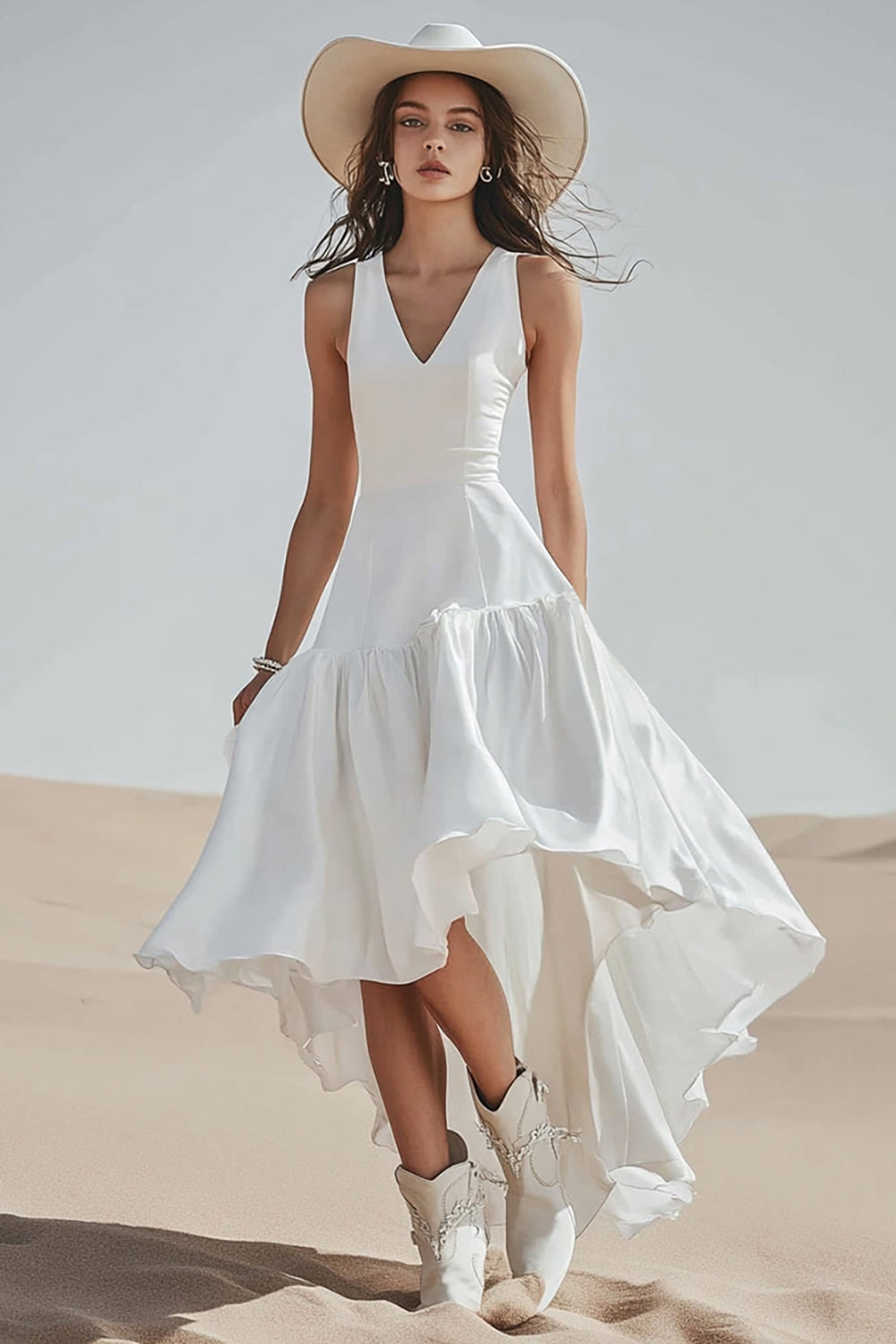 Ivory V-Neck High-Low A Line Boho Western Wedding Dress