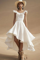 Load image into Gallery viewer, Ivory Boho Boat Neck High-Low Western Wedding Dress with Ruffles
