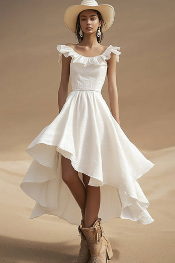 Ivory Boho Boat Neck High-Low Western Wedding Dress with Ruffles