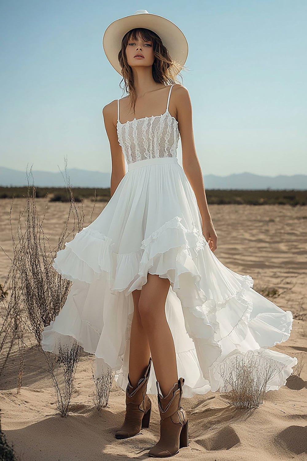 Ivory High-Low Boho Chiffon Western Wedding Dress with Lace