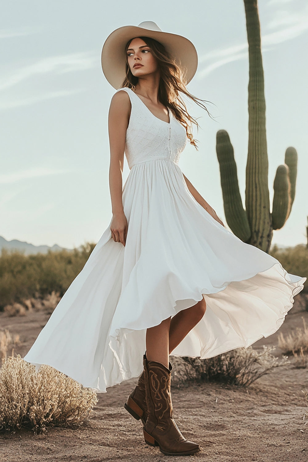 Ivory V-Neck Asymmetrical Boho Western Wedding Dress