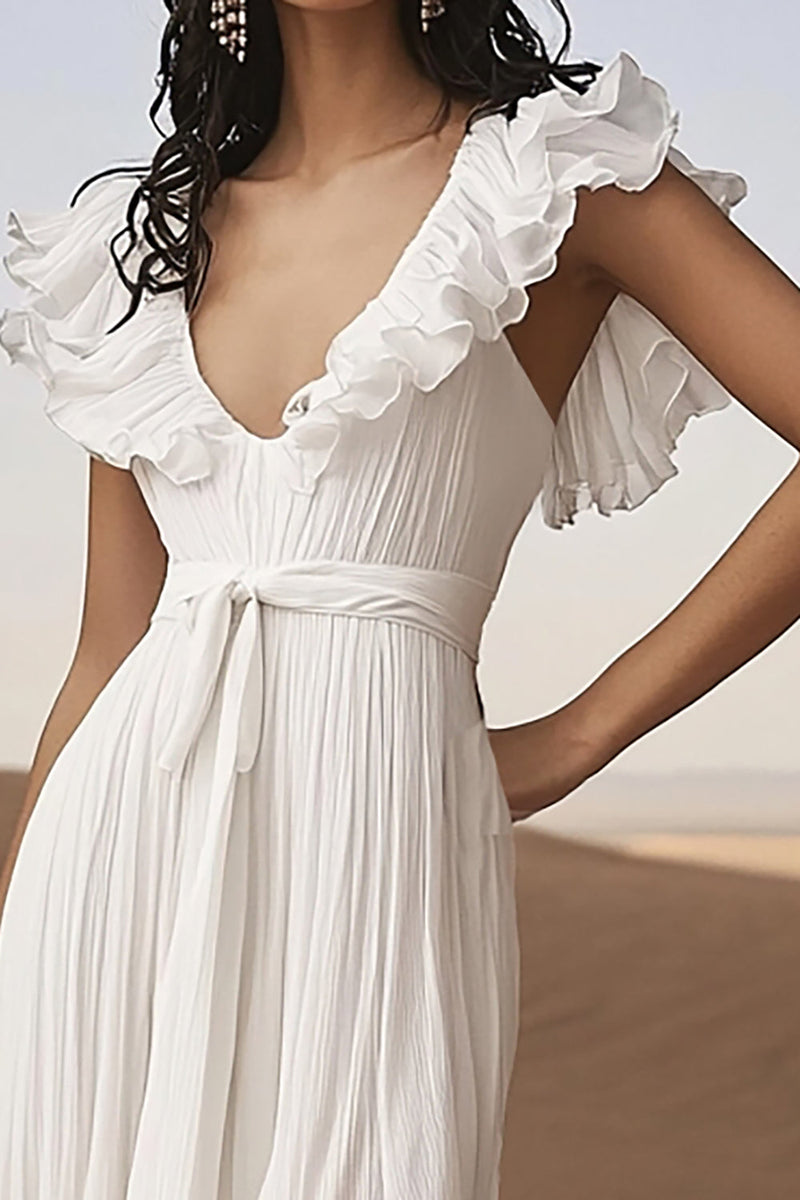 Load image into Gallery viewer, Ivory Asymmetrical Ruffled Boho Western Wedding Dress with Sash