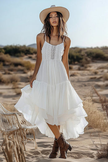 Ivory Chiffon Asymmetrical Boho Western Wedding Dress with Lace