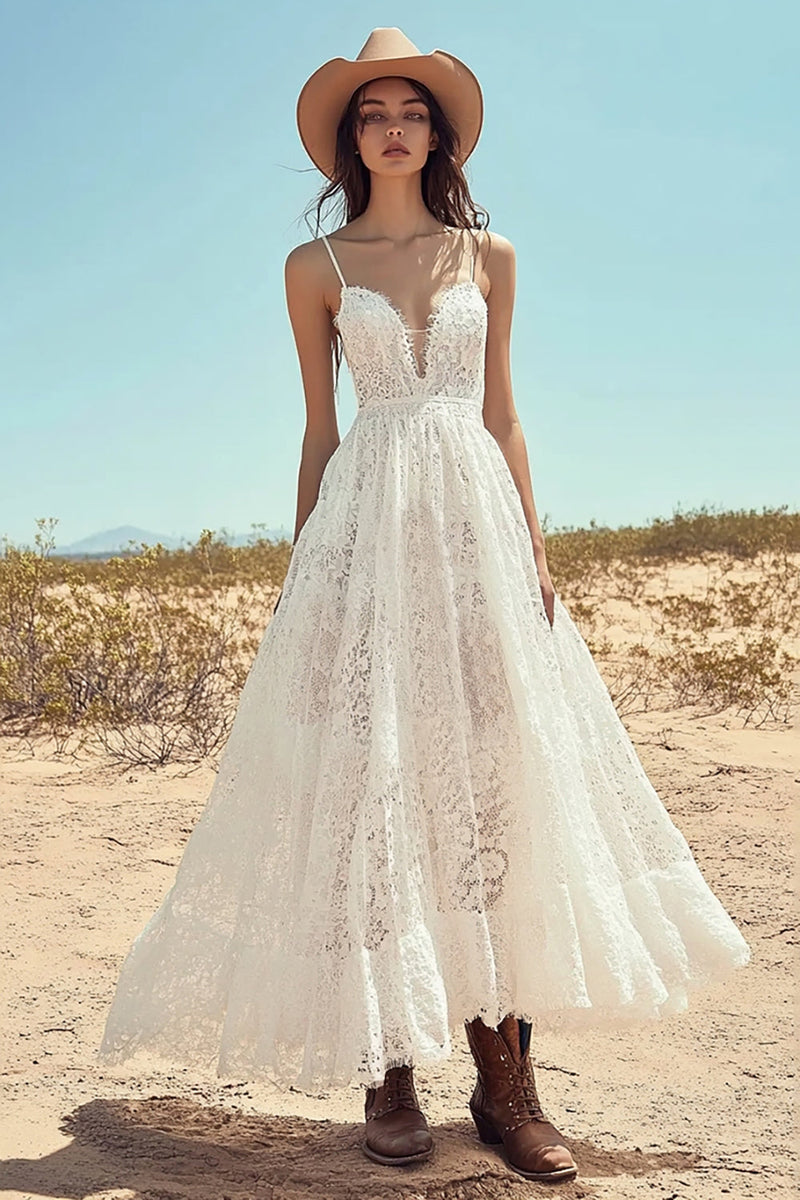 Load image into Gallery viewer, Ivory Spaghetti Straps Lace Maxi Boho Western Wedding Dress