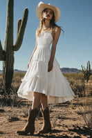 Load image into Gallery viewer, Boho Ivory Midi Western Wedding Dress with Ruffles