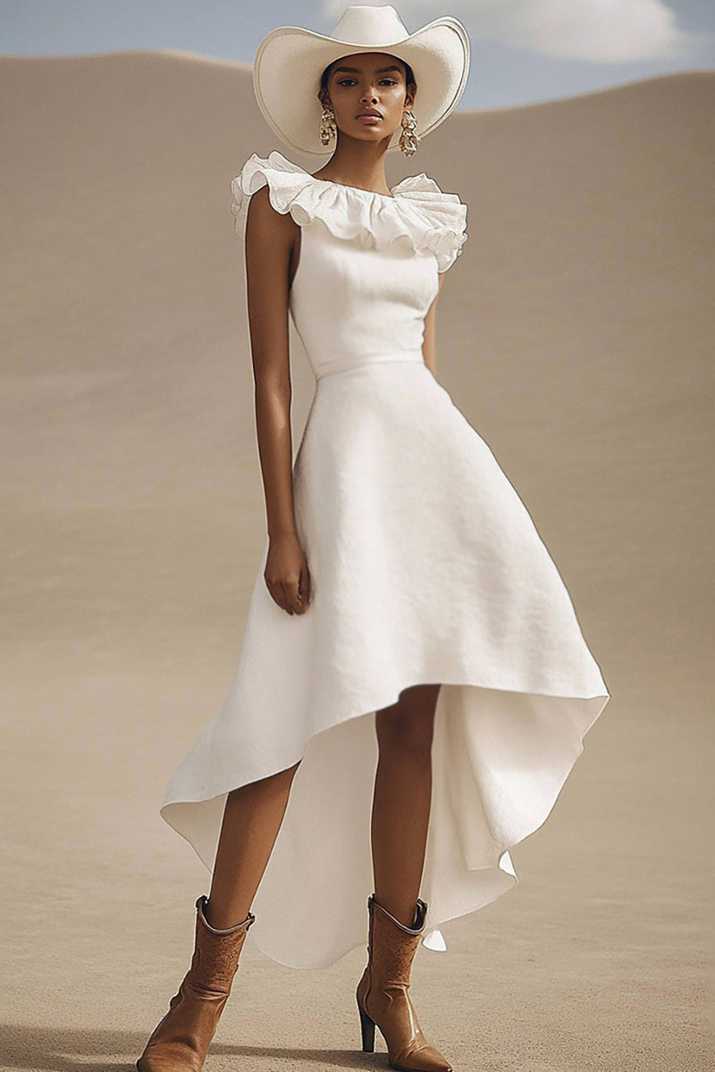Load image into Gallery viewer, Ivory Boho High-Low A Line Western Wedding Dress with Ruffles