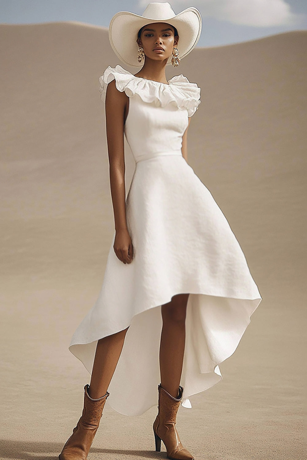 Ivory Boho High-Low A Line Western Wedding Dress with Ruffles