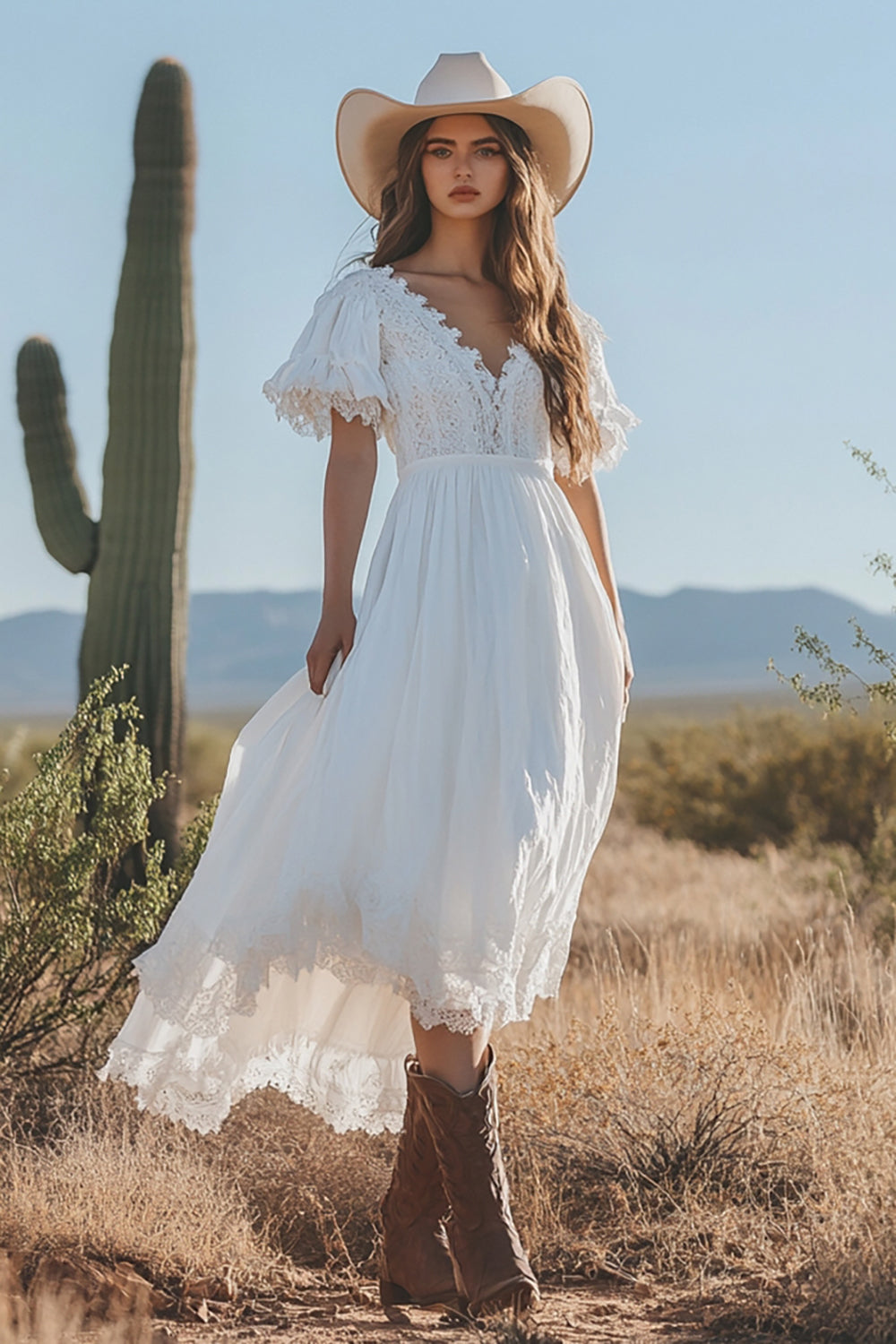 Boho Ivory Mini Sleeves Maxi Western Wedding Dress with Lace