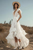 Load image into Gallery viewer, Ivory Lace High-Low Ruffled Boho Western Wedding Dress with Pockets