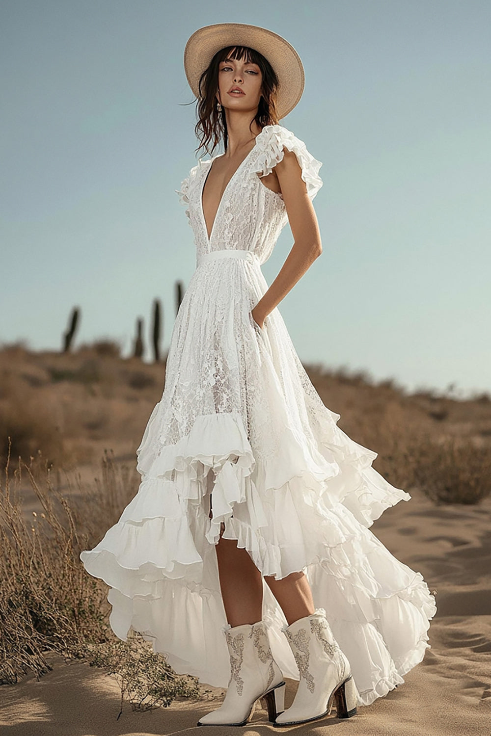 Ivory Lace High-Low Ruffled Boho Western Wedding Dress with Pockets