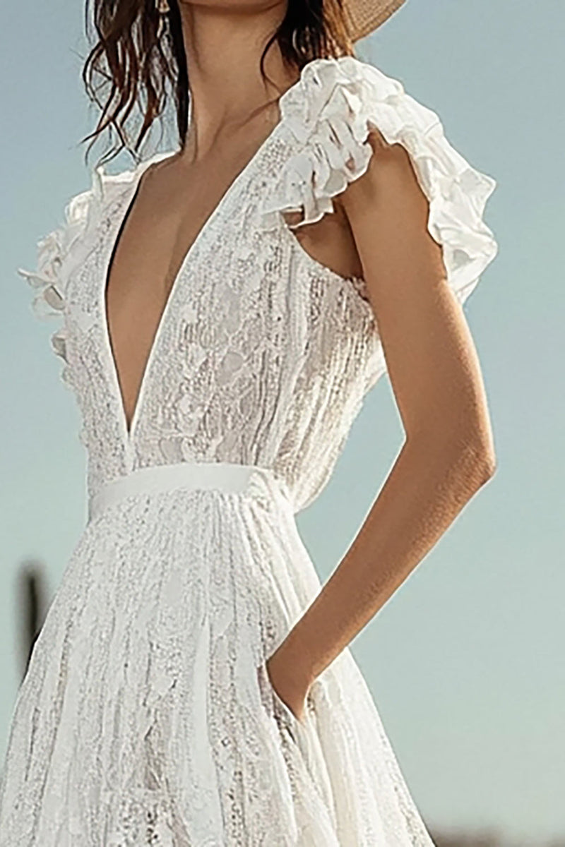 Load image into Gallery viewer, Ivory Lace High-Low Ruffled Boho Western Wedding Dress with Pockets