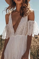 Load image into Gallery viewer, Deep V-Neck Ivory Lace Boho Maxi Western Wedding Dress with Slit