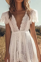 Load image into Gallery viewer, Ivory Mini Sleeves High-Low Boho Lace Western Wedding Dress