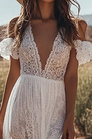 Load image into Gallery viewer, Ivory Deep V-Neck Lace Boho Maxi Western Wedding Dress with Ruffles