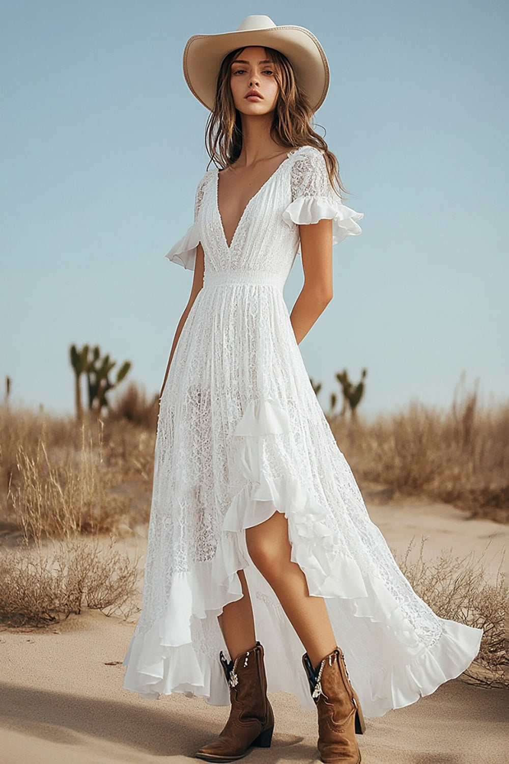 Ivory Lace High-Low Boho Western Wedding Dress with Sleeves