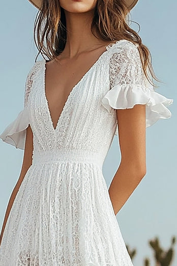 Ivory Lace High-Low Boho Western Wedding Dress with Sleeves
