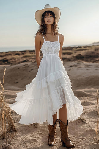 Chiffon Ivory High-Low Tiered Boho Western Wedding Dress with Lace