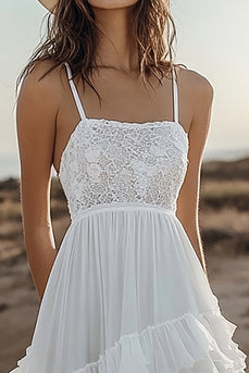 Chiffon Ivory High-Low Tiered Boho Western Wedding Dress with Lace